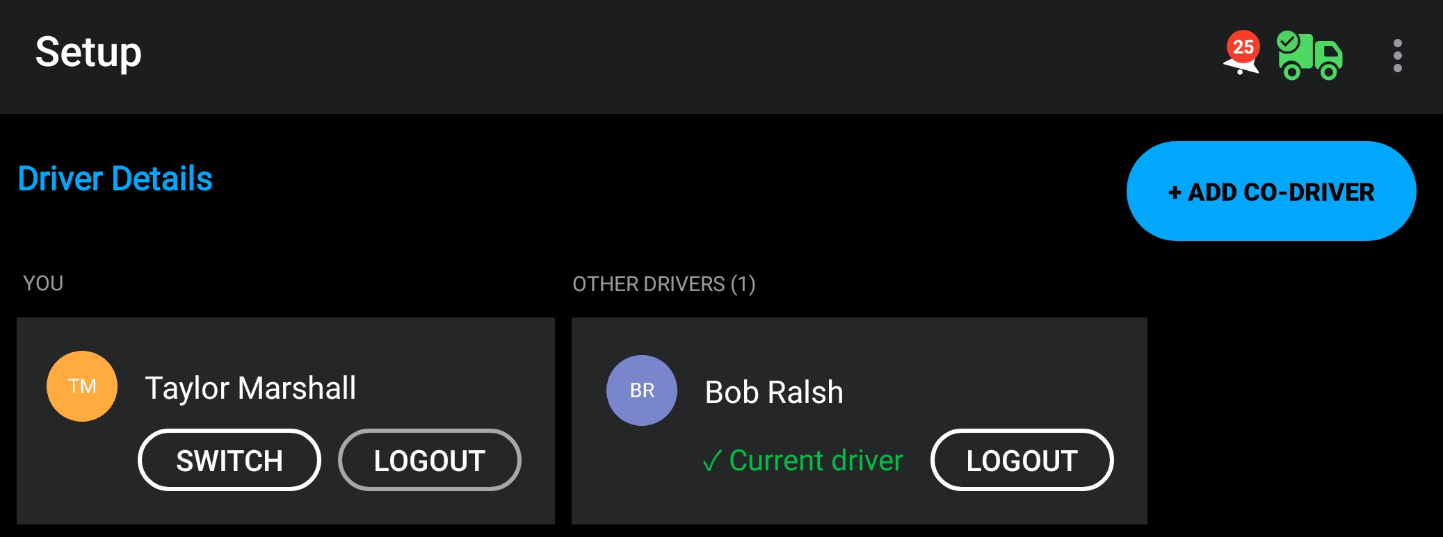 Manage Co drivers Reveal Help