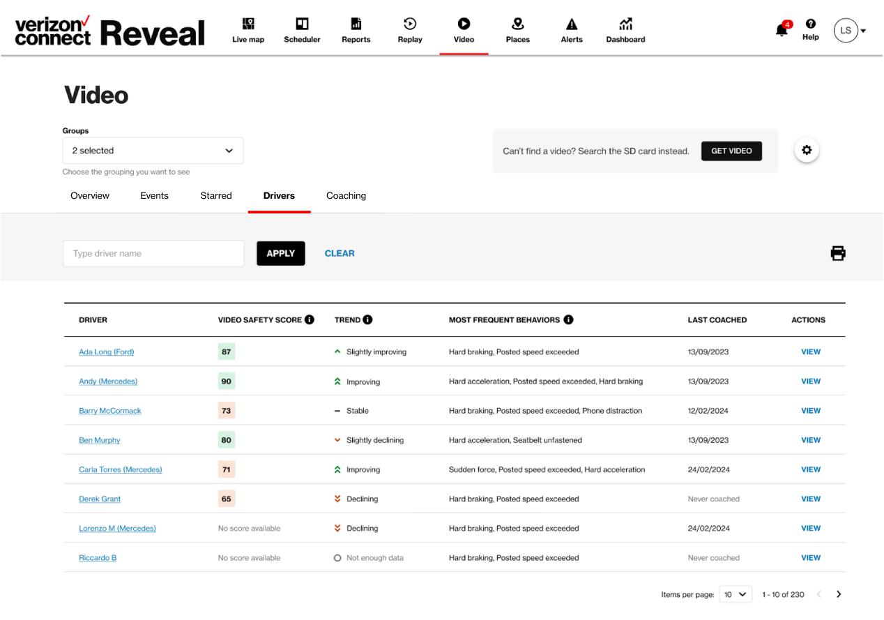 Integrated Video driver safety score – Reveal Help