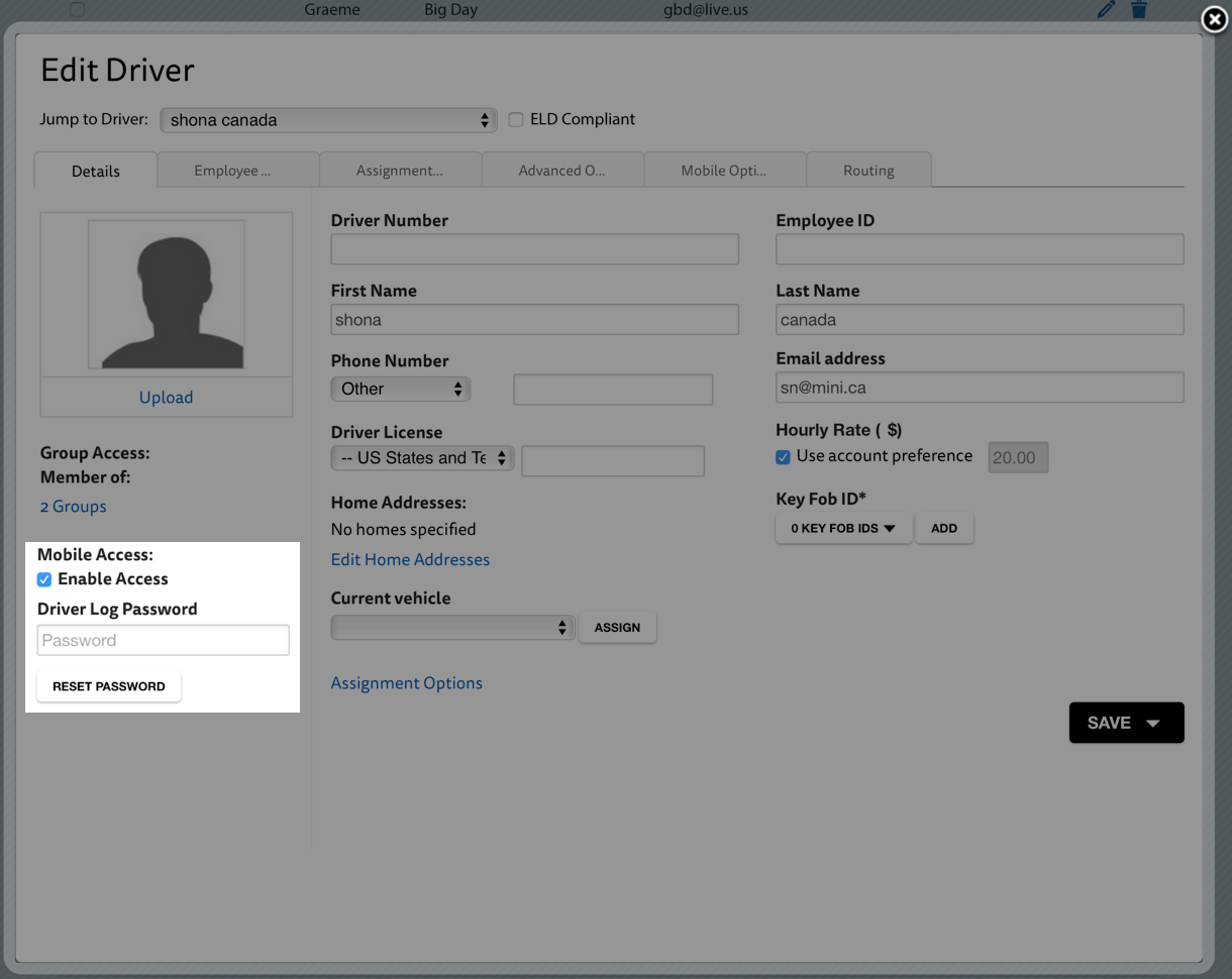 Edit Driver dialog box showing the Driver Log Password field and Reset Password button.