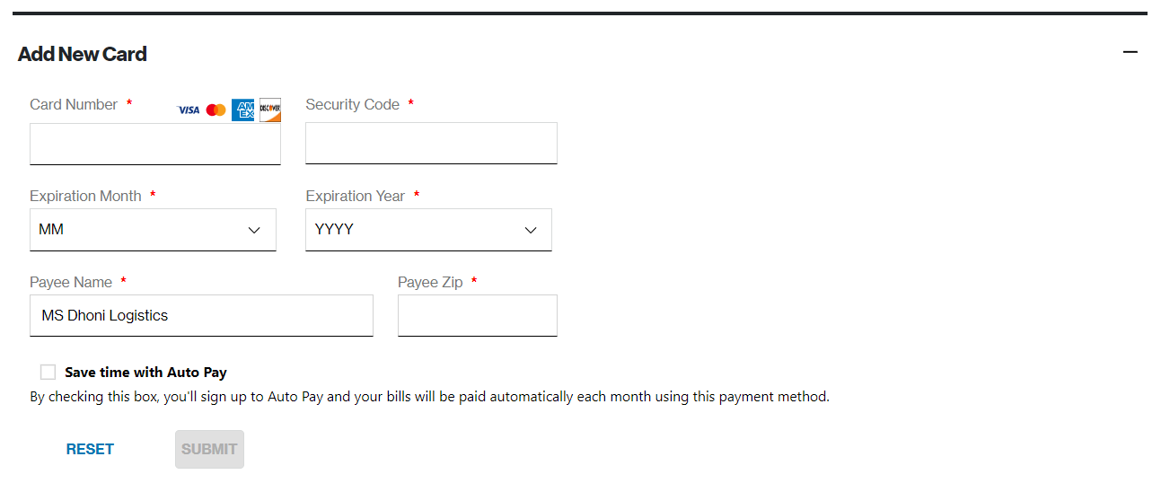 Expanded 'Add New Card' section displaying required fields for card number, security code, expiration date, payee name, ZIP code, and an Auto Pay checkbox.