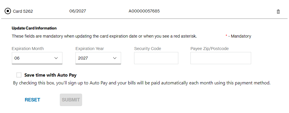 Manage Payment Methods page showing an expanded credit card details section with fields for expiration date, security code, ZIP code, and Auto Pay.