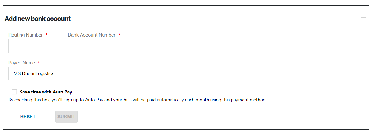 Expanded 'Add new bank account' section displaying required fields for Routing Number, Bank Account Number, Payee Name, and an Auto Pay checkbox.