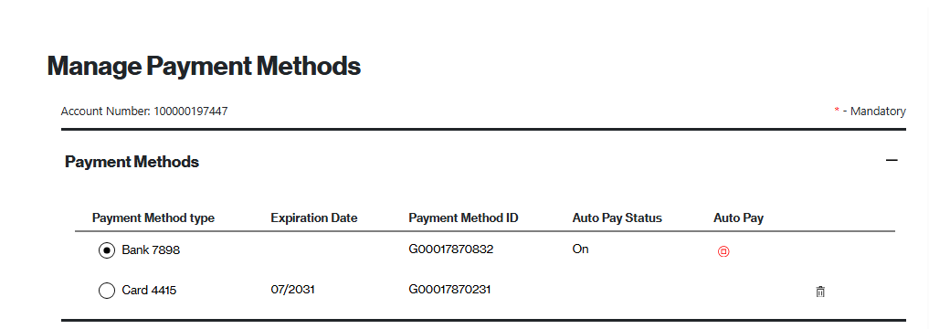 Manage Payment Methods page showing a table listing saved payment methods, such as a credit card and a bank account.