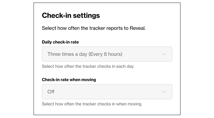 The Check-in settings section showing drop-downs for daily check-in rate and Check-in rate when moving